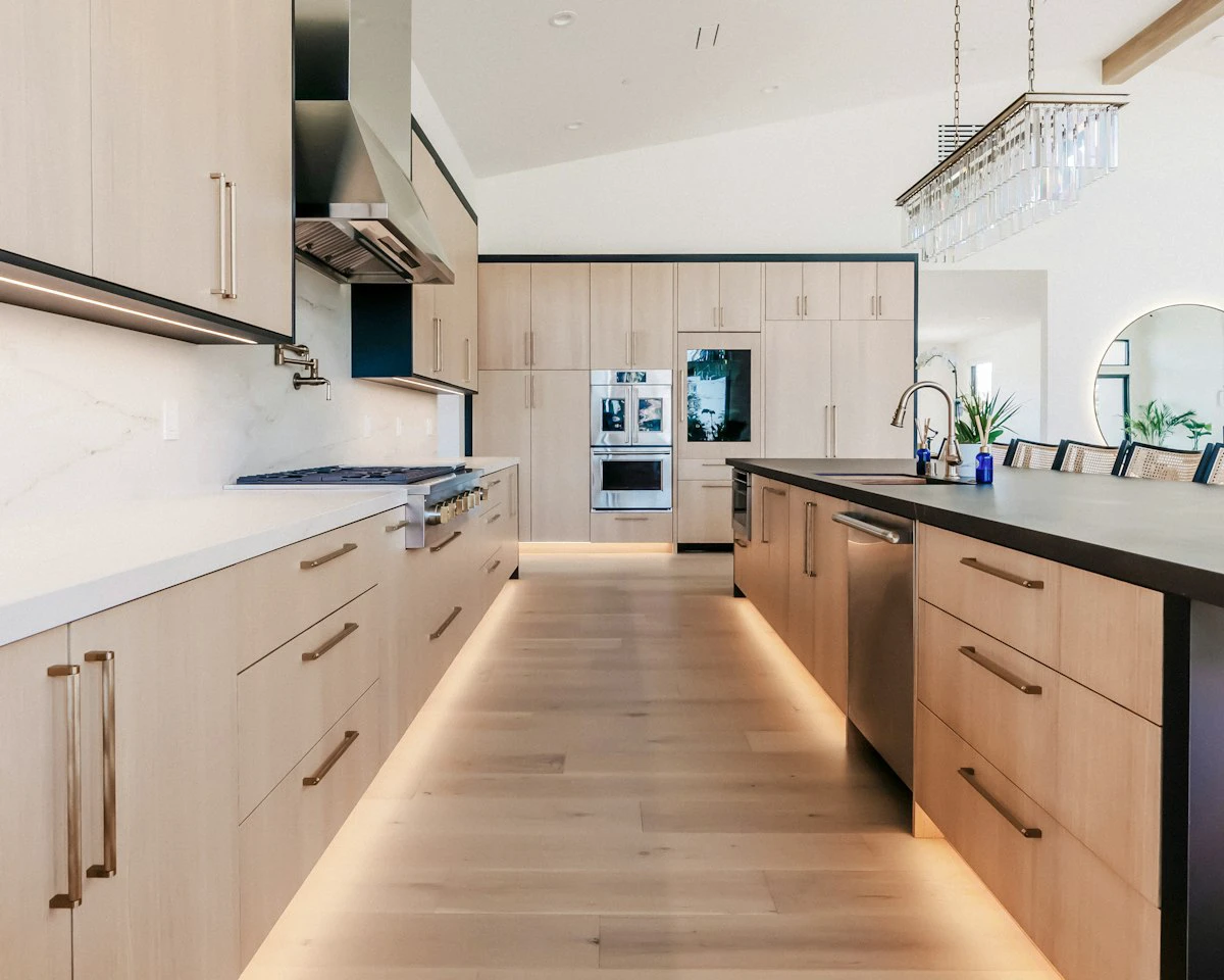 Slim white oak kitchen cabinets in a modern kitchen